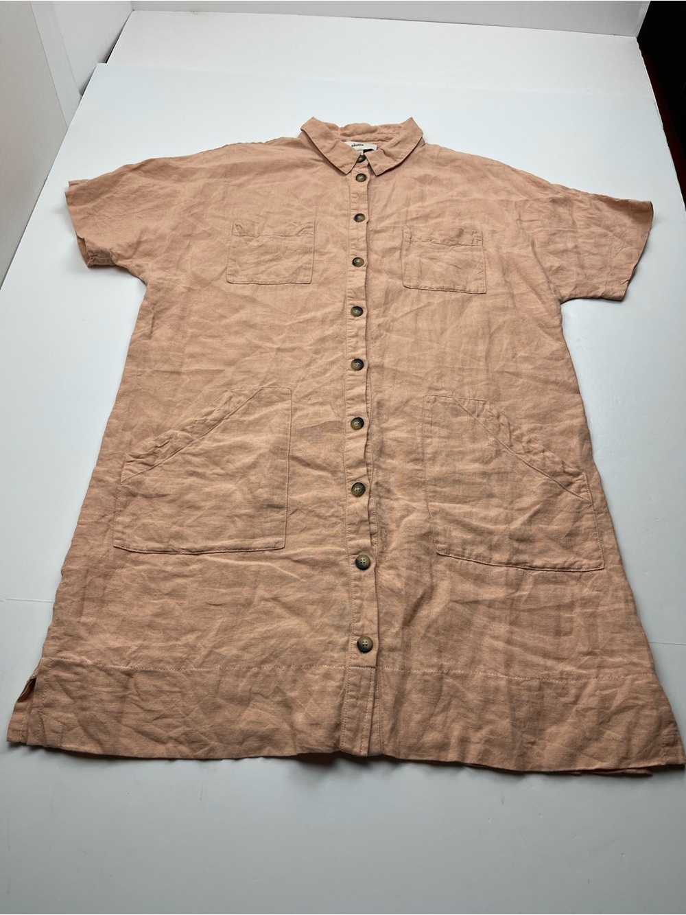 Sauths Audrey 100% Linen Shirt Dress Red Brown Button Front‎ Womens Medium FLAW